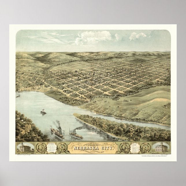 Nebraska City, NE Panoramic Karta - 1868 Poster (Framsidan)