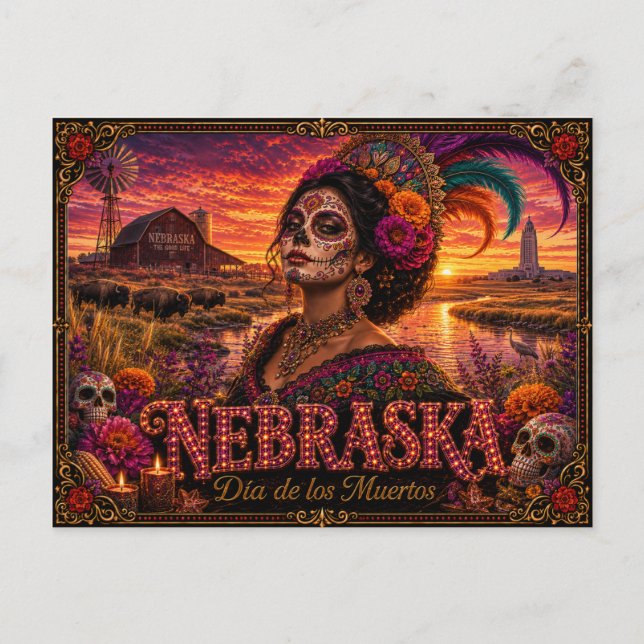 Nebraska Día de los Muertos Retro Vykort (Framsida)