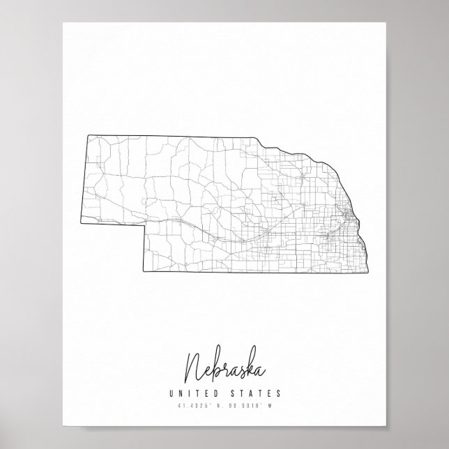 Nebraska Minimal Street Karta Poster (Framsidan)