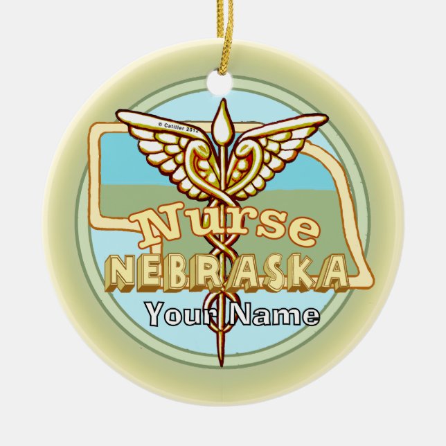 Nebraska Nurse Caduceus Julgransprydnad Keramik (Framsidan)