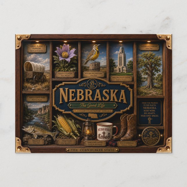 Nebraska Shadow Box 3D Figurin Delstat Vykort (Framsida)