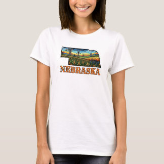 Nebraska Tattoo Style Outline with Cornfields T Shirt