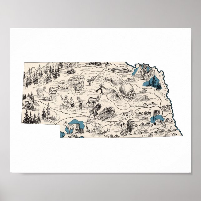 Nebraska Vintage Bild Karta Poster (Framsidan)