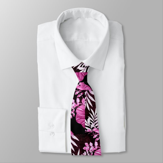 Neck Tie - Abstrakt Tropical Löv Rosa Vin Slips (Bunden)