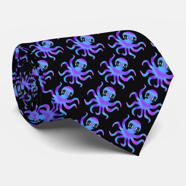Neck Tie (svart) - Blue Violet Octopus Slips (Rullad)