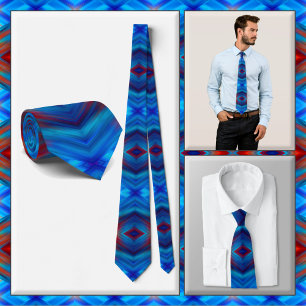 NECKTIE - Blå skuggor med rött - Mandala design Slips