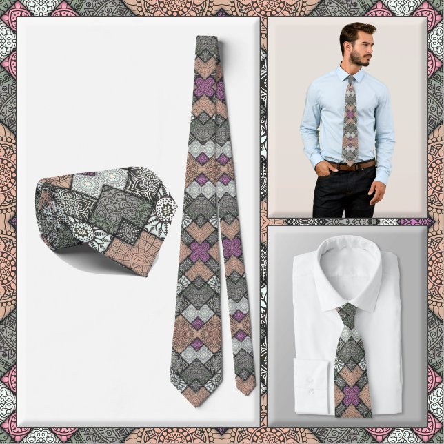 NECKTIE - Grått-Brown-White Mandala Design Slips (Skapare uppladdad)