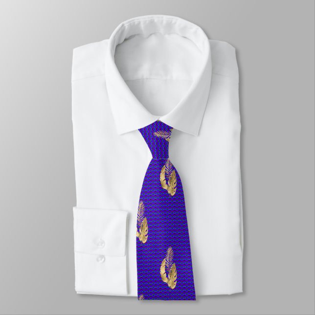 Necktie Royal Blue med Löv & Lavender Slips (Bunden)