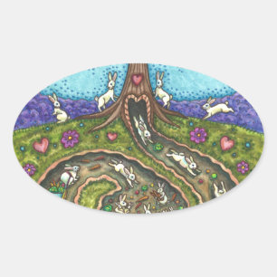 NEDANFÖR KANINEN HÅL, CARROT WILLOW TRÄD FOLK ART OVALT KLISTERMÄRKE
