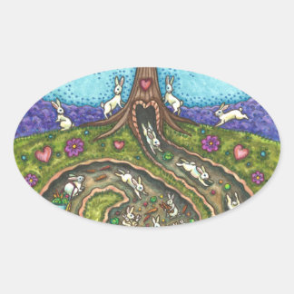 NEDANFÖR KANINEN HÅL, CARROT WILLOW TRÄD FOLK ART OVALT KLISTERMÄRKE