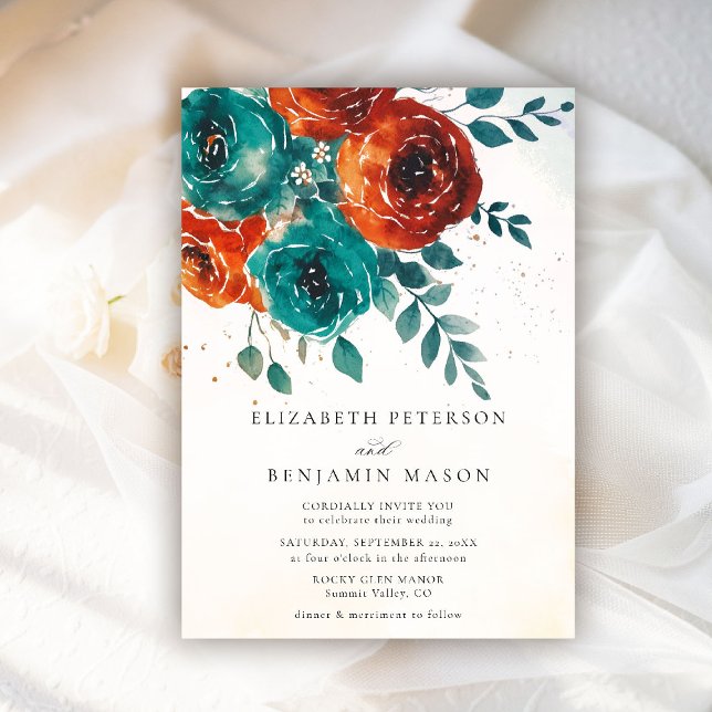 Nedbränd Orange Ro Teal Greenery Bröllop Inbjudningar (fall wedding invitation teal burnt orange terracotta watercolor whimsical floral rustic barn)