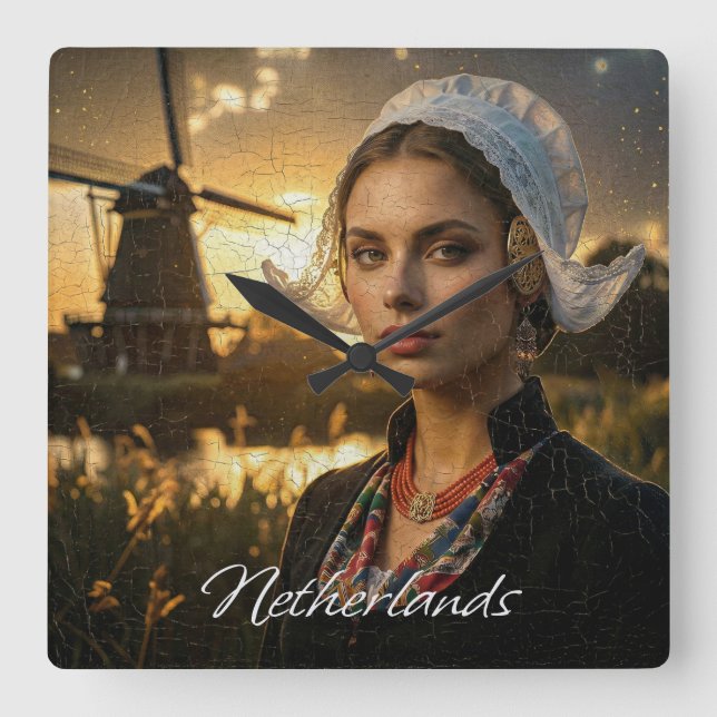 Nederländerna - AI OLJEMÅLNING Fyrkantig Klocka (Framsida)