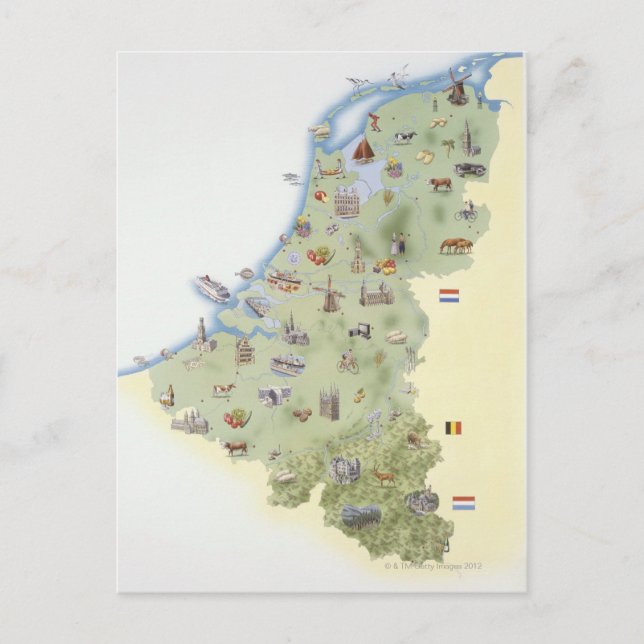Nederländerna, karta med särskilda kännetecken vykort (Framsida)