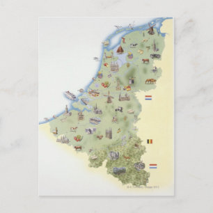 Nederländerna, karta med särskilda kännetecken vykort