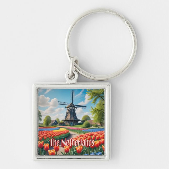 Nederländerna Kvarn & Tulips Fyrkantig Silverfärgad Nyckelring (Framsidan)