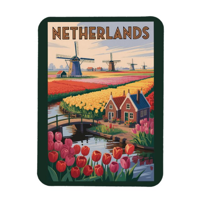 Nederländerna Tulpaner Illustration Resa Konst Vin Magnet (Vertikal)