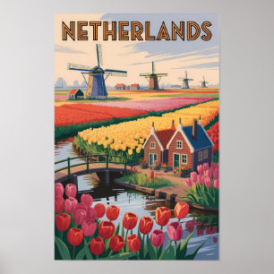 Nederländerna Tulpaner Illustration Resa Konst Vin Poster