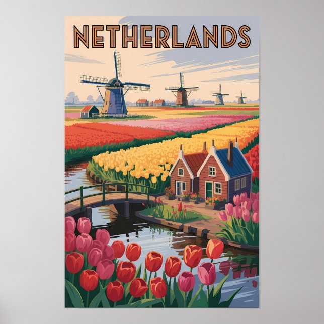 Nederländerna Tulpaner Illustration Resa Konst Vin Poster (Framsidan)