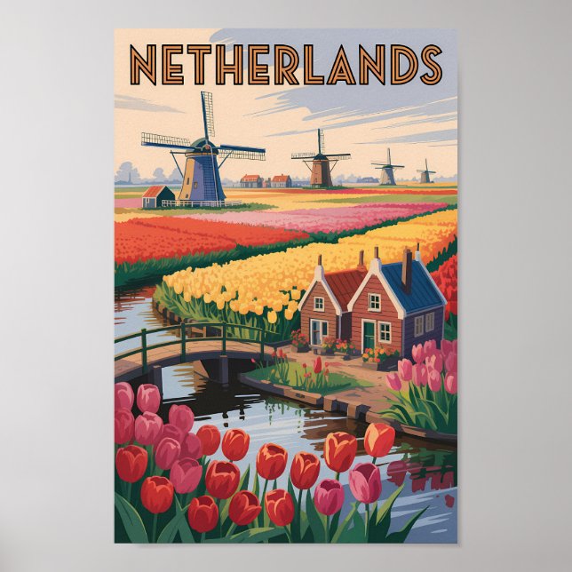 Nederländerna Tulpaner Illustration Resa Konst Vin Poster (Framsidan)