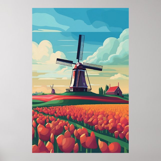 Nederländerna Väderkvarn Tulpan Fält Illustration Poster (Framsidan)