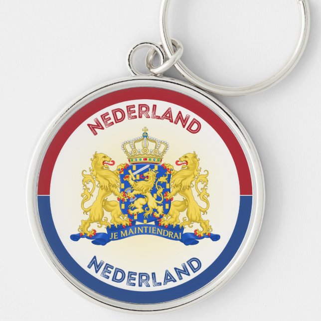Nederländerna vapensköld cirkelform  rund silverfärgad nyckelring (Framsidan)