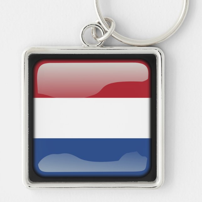 Nederländernas flagga fyrkantig silverfärgad nyckelring (Framsidan)