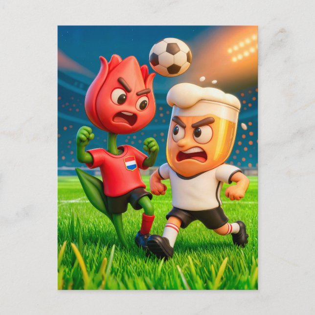 Nederländsk tulpan mot tyskt ölglas fotbollsduell vykort (Framsida)