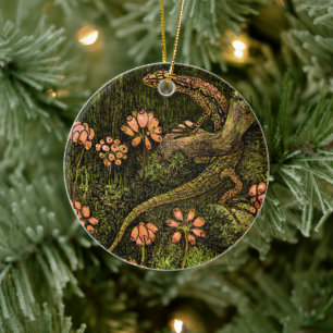 Nederländska Art nouveau Lizard och Wildblommor Julgransprydnad Keramik