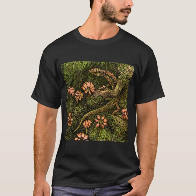 Nederländska Art nouveau Lizard och Wildblommor T Shirt (Framsida)