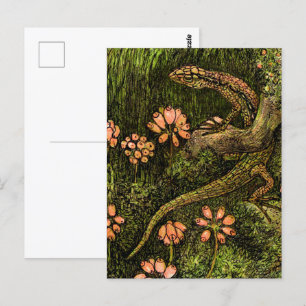Nederländska Art nouveau Lizard och Wildblommor Vykort