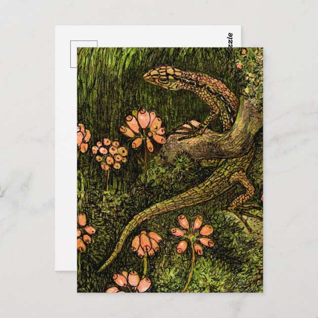 Nederländska Art nouveau Lizard och Wildblommor Vykort (Fram/baksida)
