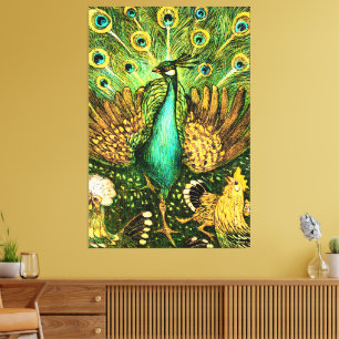 Nederländska Art nouveau Peacock och Chickens Canvastryck