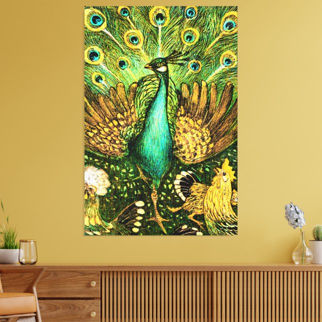 Nederländska Art nouveau Peacock och Chickens Canvastryck (Insitu (Vardagsrum))