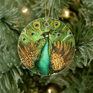 Nederländska Art nouveau Peacock och Chickens Julgransprydnad Keramik