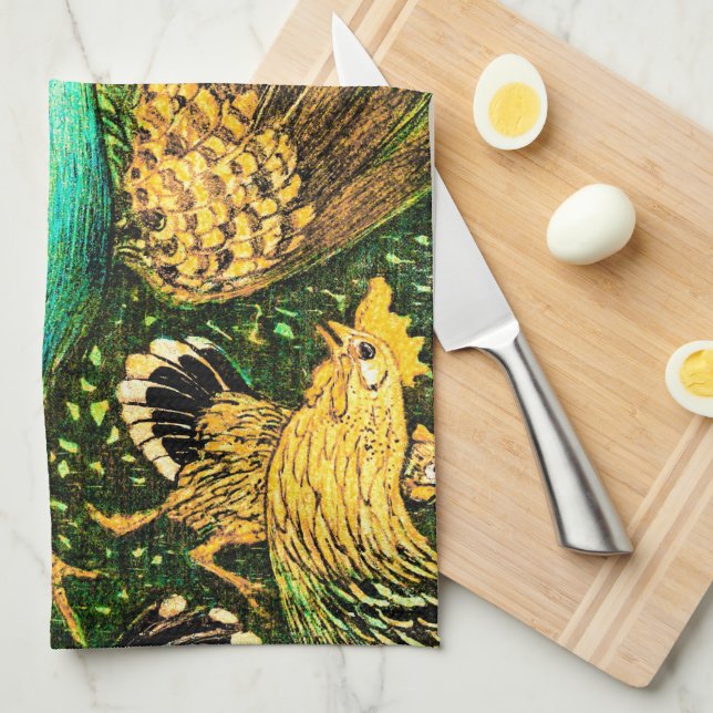 Nederländska Art nouveau Peacock och Chickens Kökshandduk (Vikt i Fjärdedel)