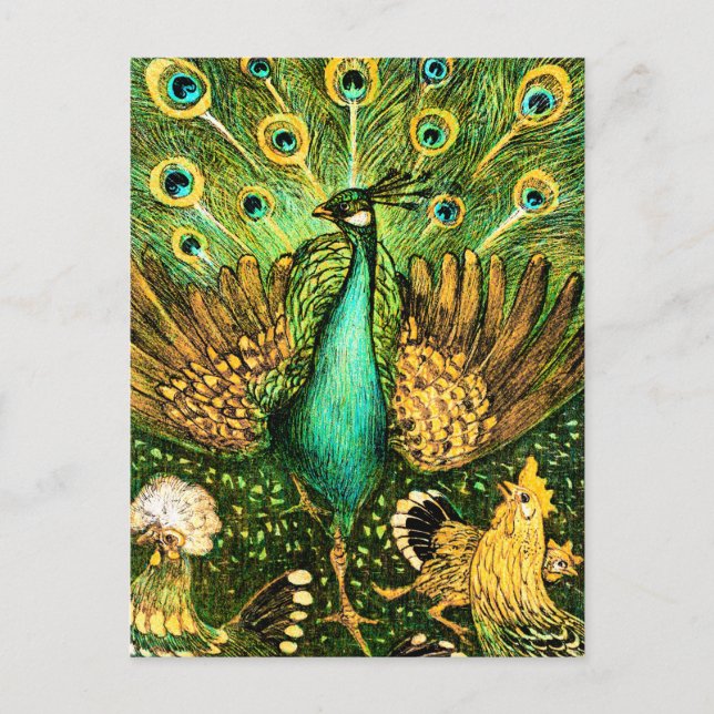 Nederländska Art nouveau Peacock och Chickens Vykort (Framsida)