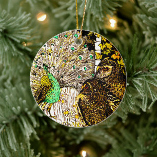 Nederländska Art nouveau Peacock och Uggla Julgransprydnad Keramik