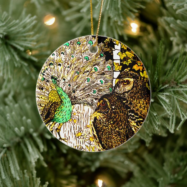 Nederländska Art nouveau Peacock och Uggla Julgransprydnad Keramik (Träd)