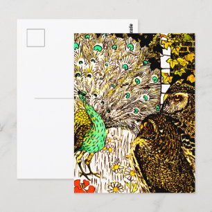 Nederländska Art nouveau Peacock och Uggla Vykort