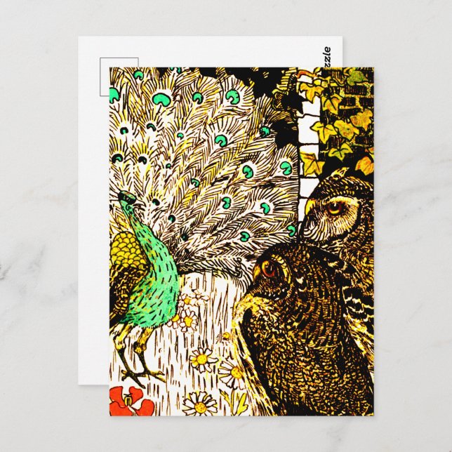 Nederländska Art nouveau Peacock och Uggla Vykort (Fram/baksida)