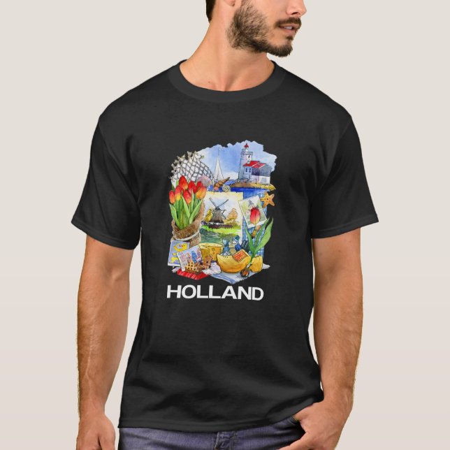 Nederländska attribut: Canals Tulips Windmills T Shirt (Framsida)