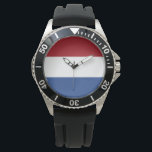 Nederländska Flagga Armbandsur<br><div class="desc">Detta mönster är utmärkande för Nederländernas flagga (informellt känd som Holland), som är ett land i första hand beläget i Westerna Europa och delvis i Västindien och som utgör Nederländernas största land. I Europa består den av tolv provinser som gräns Tyskland öster, Belgien i söder och Nordsjön i nordväst, med...</div>