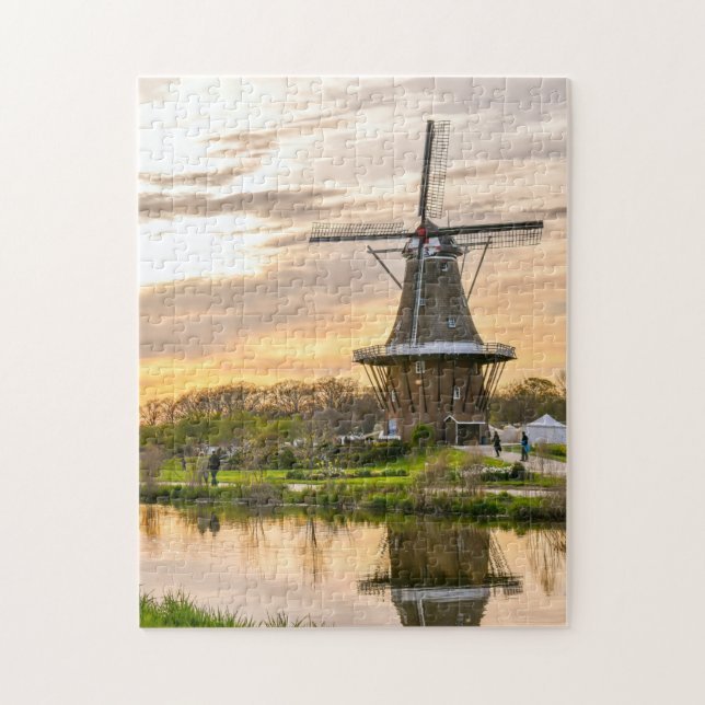 Nederländska Holland Europe Vind Mills Sjö Sunset Pussel (Vertikal)