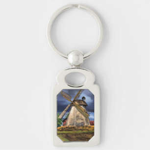 Nederländska Kvarn Landcape Gift Keychain Rektangulärt Silverfärgad Nyckelring