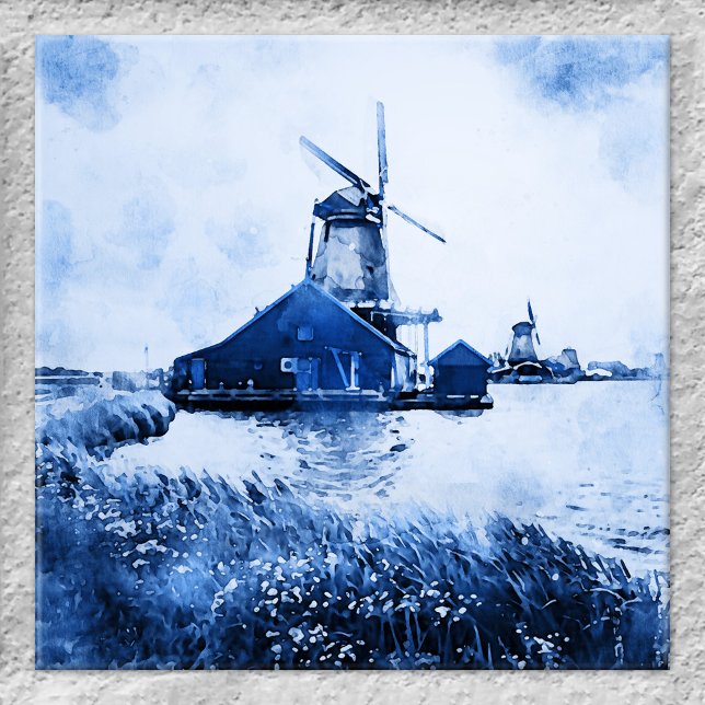 Nederländska Mill Watercolor Delft Blue Tile Kakelplatta (Tile featuring a stylized watercolor painting of Dutch mills in Delft blue.)