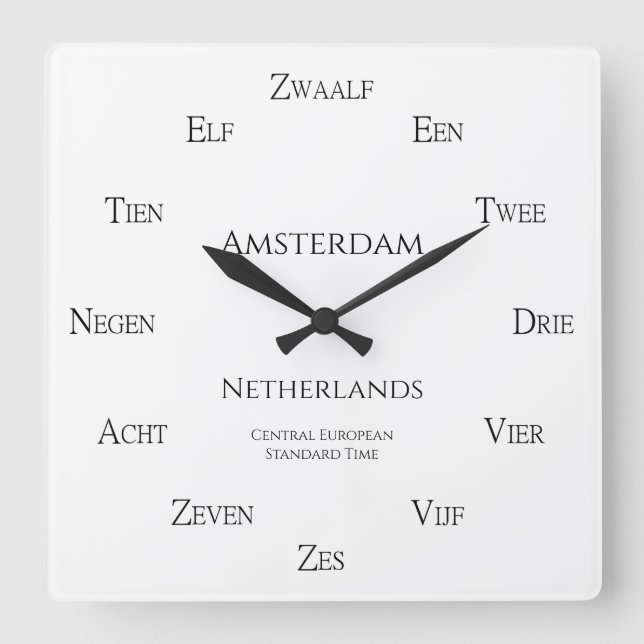 Nederländska Numbers Personlig City Land Time Zon Fyrkantig Klocka (Framsida)