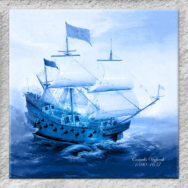 Nederländska sjöbåten Delft Blue Tile Kakelplatta (Tile showing a painting by Dutch artist Cornelis Verbeeck of a historic sailboat in Delft blue)