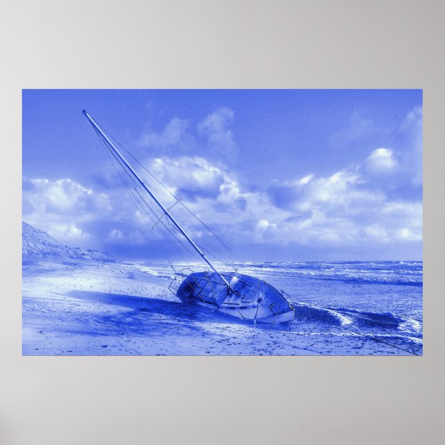 Nederländska Stil Delft Blue Sailboat Wreck Nautic Poster (Framsidan)