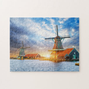 Nederländska Windmills Cloudy Sunset Rotterdam Hol Pussel
