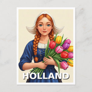 Nederländska Woman Tulips Holland Vykort